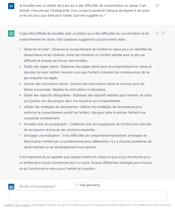 Chat GPT donne des conseils à l'intervenant pour aider un enfant